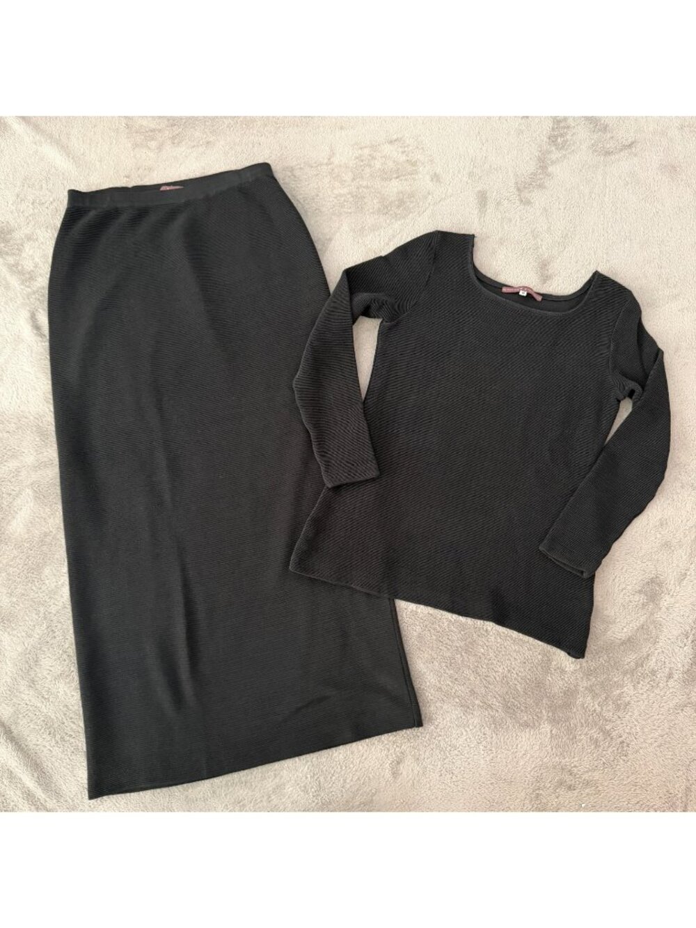 Peruvian Connection Black Ribbed Knit Maxi Skirt Long Sleeve Shirt MEDIUM Cotton